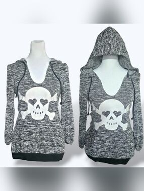 🔵No Boundaries Grey Marled Knit 3/4 Sleeve Glitter Skull Graphic Hoodie Small